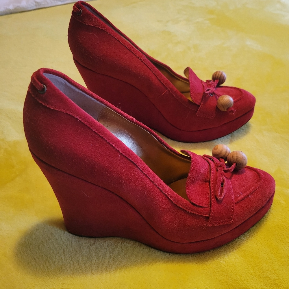 Vintage 2000s Zinc Suede Leather Platform Loafers, Red, Womens 9.5